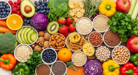Healthy food background. Fruits, vegetables, superfoods and cereals