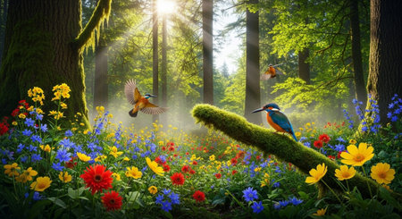 Colorful flowers in the forest with kingfisher birds on branch