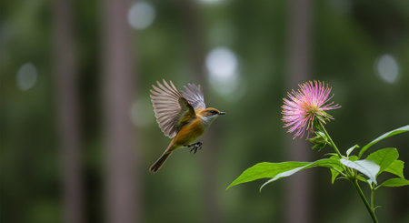 Chestnut-headed Bulbul in flight with pink flower in backgroundの写真素材