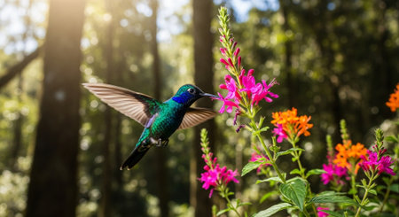 Blue-throated Hummingbird (Colibri colubris) flying next to a flower in the forestの写真素材