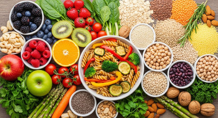 Healthy food clean eating selection: pasta, vegetables, fruit, legumes, superfoods.