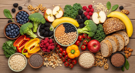 Healthy food selection on wooden table. Top view with copy space