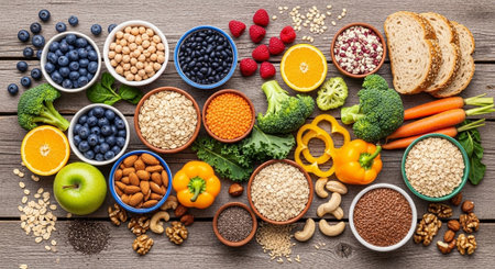 Foods high in fiber, natural sources of minerals, healthy lifestyle and nutrition.