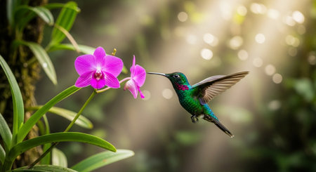 Hummingbird with purple orchids in the tropical forest.の写真素材