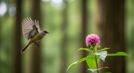 A female bulbul is perching on a pink flower in the forest.の写真素材