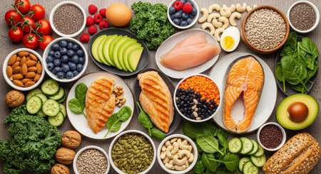 Healthy food selection on wooden background. Top view, flat layの写真素材