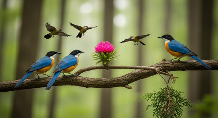 Colorful birds on the branch in the forest,nature background.