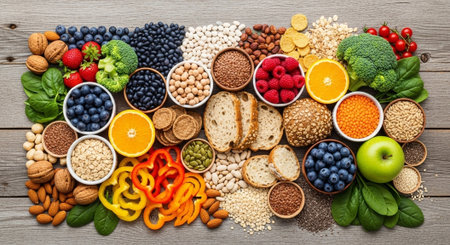 Healthy food high in fiber. Foods high in antioxidants, anthocyanins, vitamins and minerals.