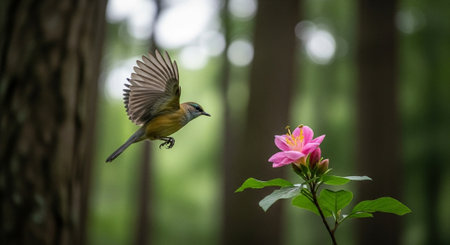 A small bird on a pink flower in the forest, close up