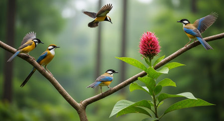 Colorful birds perched on a branch with red flower in the backgroundの写真素材