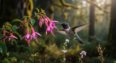 Ruby-throated Hummingbird (archilochus colubris) flying next to a pink flower in the forest
