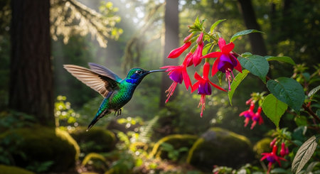 Blue-throated Hummingbird (archilochus colubris) flying next to pink flower in the forest, Costa...