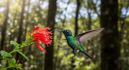 Hummingbird flying next to a red flower in the rainforest