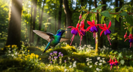 Blue-throated Hummingbird (Colibri thalassinus) in flight with flowers in the backgroundの写真素材