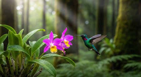 Beautiful hummingbird flying next to orchid flower in the rainforest
