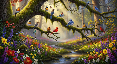 Fantasy landscape with birds on a tree branch in the forest.の写真素材