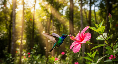 Hummingbird flying next to pink hibiscus flower.