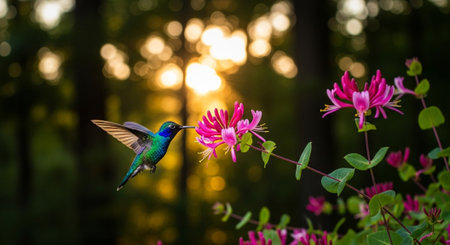 Hummingbird in flight at sunset with pink flowers and green leavesの写真素材