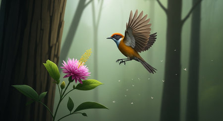 Beautiful bird on a flower in the forest,3d renderの写真素材