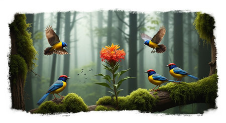 Colorful birds in the forest with space for textの写真素材