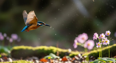 Kingfisher (Alcedo atthis) landing on a flowerの写真素材