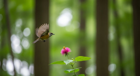 closeup of a small bird feeding on a pink flower in the forestの写真素材