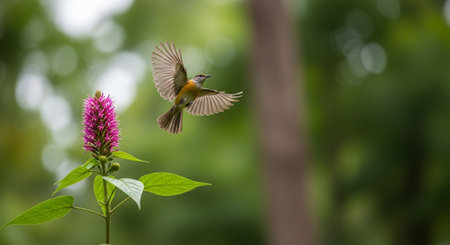 Hummingbird on a pink flower in the garden with bokeh background