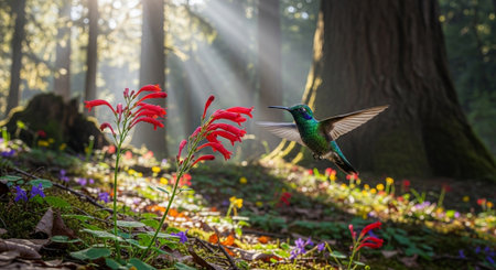 Hummingbird in the forest with flowers and sunbeams.の写真素材