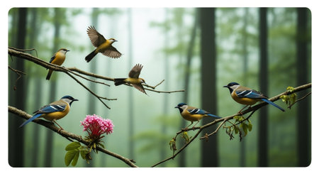 Beautiful birds on a branch in a forest. Vector illustration.