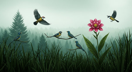 Fantasy landscape with birds and flowers in the meadow. Vector illustration.の写真素材