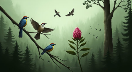 Tropical forest with birds and flowers. Vector Illustration.