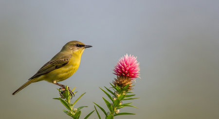 A closeup shot of a canary bird on a pink flower