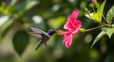Female Ruby-throated Hummingbird (archilochus colubris) in flight with pink hibiscus flowerの写真素材
