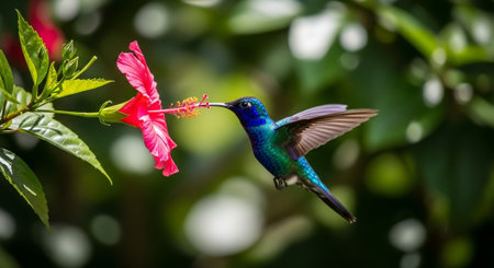 Beautiful Violet-throated Hummingbird (archilochus colubris) in flight with pink flower in...