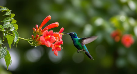 Hummingbird feeding on red flower, hummingbird from tropical forest,Colibri thalassinus