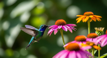 Purple-throated Sunbird and Echinacea purpurea in garden