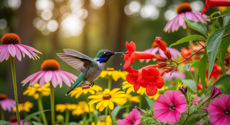 White-throated Hummingbird (Amazilia rufescens) and flowers