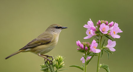 A common reed warbler (Phylloscopus collybita) perched on a pink flower.