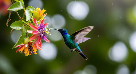 Hummingbird in flight with flower in the background, Costa Ricaの写真素材