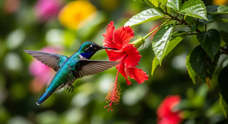 Male Ruby-throated Sunbird hovering next to a red flower