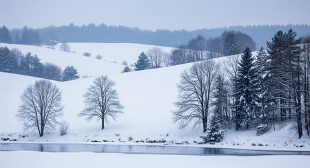 Winter landscape with snow covered trees and lake, Czech Republic. Toned.の写真素材