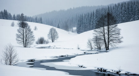 Beautiful winter landscape with snow covered trees and river in the mountains