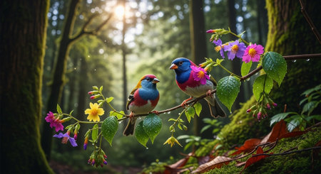 Colorful bird on a branch in the forest with flowers and sunlight