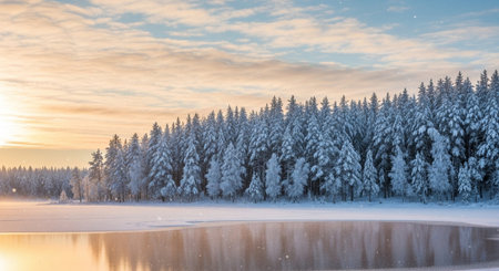 Frozen lake in the winter forest at sunset. Panorama.の写真素材