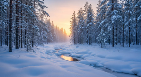 Beautiful winter landscape with a frozen river in the forest at sunset.