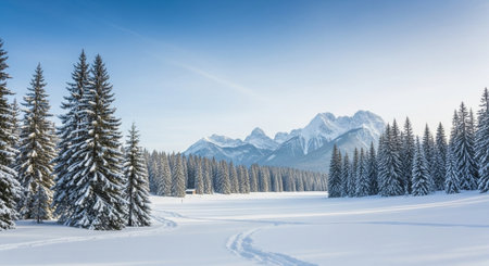 Beautiful winter panorama with snow covered fir trees and blue skyの写真素材