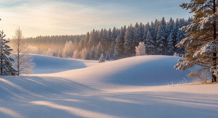 Beautiful winter landscape with forest and snow covered trees at sunset.