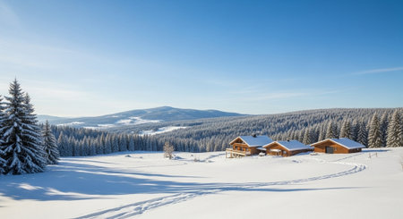 Winter landscape with chalet in Carpathian mountains, Ukraine