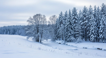 Beautiful winter landscape with snow covered trees, blue toning.の写真素材