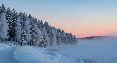 Beautiful winter landscape with frozen lake and pine trees at sunrise.の写真素材